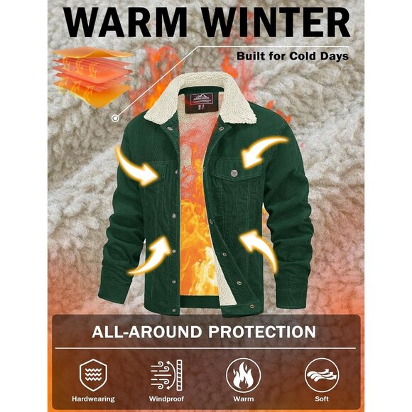 Mens Emerald Green Corduroy Jacket Sherpa Lined Warm Winter Trucker Cargo Coat - Picture 2 of 7